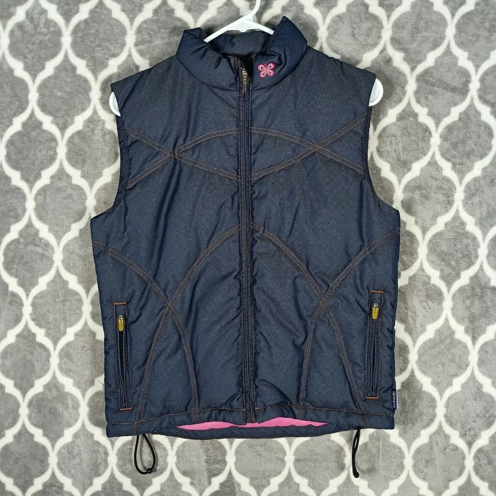 Obermeyer Goose Down Vest Girls 16 Blue Pink Reversible Puffer Insulated